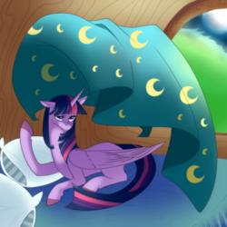 Size: 1000x1000 | Tagged: safe, artist:haydee, twilight sparkle, alicorn, pony, g4, bed, cover, female, lying down, mare, pillow, solo, twilight sparkle (alicorn), twilight sparkle is not amused, unamused, unshorn fetlocks