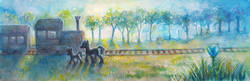 Size: 1573x508 | Tagged: safe, artist:drawirm, oc, oc only, oc:everbloom, oc:happy hour, pony, fanfic art, grass, illustration, railroad, scenery, traditional art, train, train tracks, tree, walking, watercolor painting