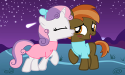 Size: 1023x614 | Tagged: safe, artist:3d4d, button mash, sweetie belle, earth pony, pony, unicorn, g4, blushing, cheek kiss, colt, comet, duo, duo male and female, eyes closed, female, filly, foal, horn, kissing, male, night, night sky, open mouth, ship:sweetiemash, shipping, sky, straight