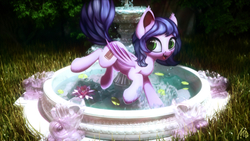 Size: 4000x2250 | Tagged: safe, artist:muggod, oc, oc only, oc:midnight reverie, bat pony, pony, fountain, grass, happy, jumping, looking at you, smiling, solo, water, wings