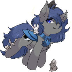 Size: 2746x2732 | Tagged: safe, artist:drawtheuniverse, oc, oc:midnight feathers, bat pony, pony, rabbit, clothes, fangs, female, high res, mare, scarf