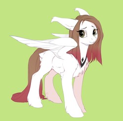 Size: 1293x1280 | Tagged: safe, artist:rrusha, oc, oc only, pegasus, pony, butt fluff, chest fluff, cute, ear fluff, ear tufts, fangs, female, floppy ears, fluffy, green background, grin, hoof fluff, leg fluff, long ears, long tail, looking at you, mare, ocbetes, shoulder fluff, simple background, smiling, solo, spread wings, unshorn fetlocks, wing fluff, wings