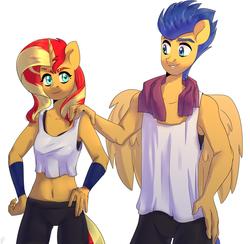 Size: 1848x1800 | Tagged: safe, artist:tigra0118, flash sentry, sunset shimmer, pegasus, unicorn, anthro, g4, belly button, clothes, duo, female, male, midriff, ship:flashimmer, shipping, sports, straight, tank top, ych result