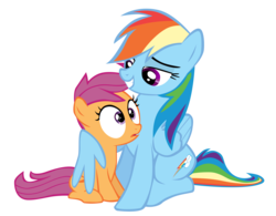 Size: 1536x1200 | Tagged: artist needed, safe, rainbow dash, scootaloo, pegasus, pony, g4, sleepless in ponyville, adult, female, filly, hug, shocked, simple background, transparent background, winghug, wrong eye color