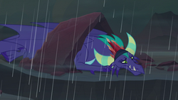 Size: 1280x720 | Tagged: safe, screencap, gaius, dragon, g4, the hearth's warming club, dragon crown, dragon lord, lying down, rain, sad, traumatized