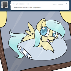 Size: 652x650 | Tagged: safe, artist:lustrous-dreams, sunshower raindrops, pony, raindropsanswers, g4, ask, female, filly, pillow, solo, tumblr