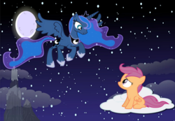 Size: 1038x720 | Tagged: safe, artist:silverstream, princess luna, scootaloo, alicorn, pegasus, pony, fanfic:dream flyer, g4, adult, cloud, dream flyer, fanfic, female, filly, night, princess