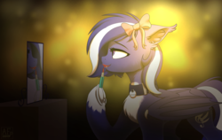 Size: 3000x1901 | Tagged: safe, artist:airfly-pony, derpibooru exclusive, oc, oc only, oc:rainey lovers, bat pony, pony, rcf community, bow, collar, female, lipstick, mare, married, mirror, solo, wings