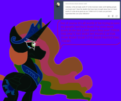 Size: 1155x960 | Tagged: safe, artist:dazzlingmimi, princess celestia, alicorn, pony, tumblr:the sun has inverted, g4, ask, betrayed, blue background, blue sun, civil war, color change, corrupted, corrupted celestia, crying, darkened coat, divided equestria, female, green eye, invert princess celestia, inverted, inverted colors, inverted princess celestia, possessed, rainbow hair, sad, sadness, sidemouth, simple background, solo, speech bubble, tumblr, word bubble
