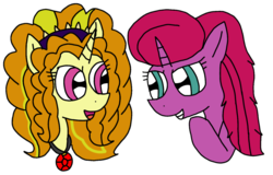 Size: 1498x961 | Tagged: safe, artist:徐詩珮, adagio dazzle, oc, oc:betty pop, pony, unicorn, equestria girls, g4, my little pony equestria girls: rainbow rocks, duo, duo female, equestria girls ponified, evil grin, female, grin, magical lesbian spawn, mare, next generation, offspring, parent:glitter drops, parent:tempest shadow, parents:glittershadow, ponified, simple background, smiling, transparent background