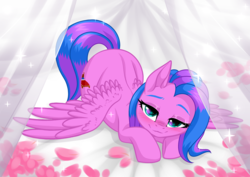 Size: 3465x2454 | Tagged: oc name needed, safe, alternate character, alternate version, artist:rioshi, artist:sparkling_light, artist:starshade, oc, oc only, pegasus, pony, ass up, bed, blushing, butt, cute, female, flower, high res, lidded eyes, looking at you, mare, petals, plot, prone, solo