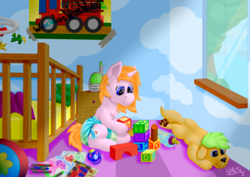 Size: 2500x1767 | Tagged: safe, alternate version, artist:wittleskaj, oc, oc:darcy, oc:starry drop, dog, pony, unicorn, age regression, baby, baby bottle, baby pony, blocks, crayon drawing, crib, crib mobile, diaper, diaper fetish, female, fetish, filly, foal, foal bottle, nursery, pacifier, pissing, playing, plushie, poofy diaper, urine, watersports, wet diaper, wetting, window