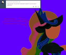 Size: 1036x870 | Tagged: safe, artist:dazzlingmimi, princess celestia, alicorn, pony, tumblr:the sun has inverted, g4, ask, betrayed, blue background, blue sun, civil war, color change, corrupted, corrupted celestia, darkened coat, divided equestria, eyes closed, female, indigo background, invert princess celestia, inverted, inverted colors, inverted princess celestia, possessed, purple background, rainbow hair, sad, sadness, sidemouth, simple background, solo, speech bubble, tumblr, violet background, word bubble, you don't understand