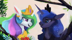 Size: 1920x1080 | Tagged: safe, artist:hierozaki, princess celestia, princess luna, alicorn, pony, g4, bust, duo, female, looking at each other, mare, open mouth, royal sisters, sisters