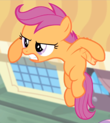 Size: 732x815 | Tagged: safe, screencap, scootaloo, sweetie belle, pegasus, pony, unicorn, for whom the sweetie belle toils, g4, cropped, female, filly, flapping, flying, offscreen character, solo focus, struggling, teeth
