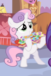 Size: 362x537 | Tagged: safe, screencap, rarity, sweetie belle, pony, unicorn, for whom the sweetie belle toils, g4, bipedal, blank flank, cropped, female, filly, holding, mare, offscreen character, smiling, solo focus