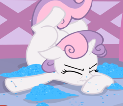 Size: 1084x936 | Tagged: safe, screencap, sweetie belle, pony, unicorn, for whom the sweetie belle toils, g4, crash, cropped, eyes closed, female, filly, glitter, lying down, scrunchy face, sequins, solo, sweetie fail, underhoof, wavy mouth