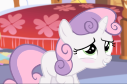 Size: 1267x839 | Tagged: safe, screencap, sweetie belle, pony, unicorn, for whom the sweetie belle toils, g4, blushing, cropped, cute, diasweetes, female, filly, foal, smiling, solo