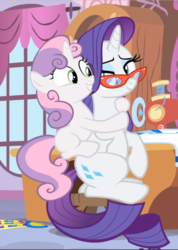 Size: 669x940 | Tagged: safe, screencap, rarity, sweetie belle, pony, unicorn, for whom the sweetie belle toils, g4, blank flank, cropped, female, filly, glasses, hug, lidded eyes, looking at each other, looking back, mare, sisters, sitting, smiling