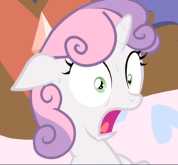 Size: 1016x939 | Tagged: safe, screencap, sweetie belle, pony, unicorn, for whom the sweetie belle toils, g4, cropped, ears back, female, filly, open mouth, panting, scared, solo, sweat, wide eyes