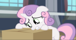 Size: 1612x843 | Tagged: safe, screencap, sweetie belle, pony, unicorn, for whom the sweetie belle toils, g4, box, cardboard box, cropped, female, filly, floppy ears, foal, leaning, regret, sad, solo, teeth