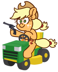 Size: 850x1050 | Tagged: safe, artist:threetwotwo32232, applejack, earth pony, pony, g4, cowboy hat, female, gun, handgun, hat, hoof hold, lawn mower, mare, redneck, revolver, simple background, solo, transparent background, weapon