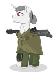 Size: 957x1300 | Tagged: safe, artist:umgaris, oc, oc only, pony, unicorn, fallout equestria, clothes, fallout, fanfic, fanfic art, gun, hooves, horn, lineart, male, pipbuck, rifle, shadows, solo, weapon