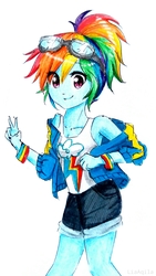 Size: 1947x3460 | Tagged: safe, artist:liaaqila, rainbow dash, human, equestria girls, g4, clothes, female, glasses, humanized, jacket, looking at you, peace sign, ponytail, short hair, shorts, simple background, smiling, solo, traditional art, white background