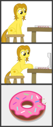 Size: 2500x6000 | Tagged: safe, artist:devfield, artist:pizzamovies, oc, oc:golden star, pony, chair, collaboration, comic, confused, cutie mark, donut, female, food, frown, golden star loves donuts, pizza box, shading, simple background, solo, stool, table, two toned mane, two toned tail, unexpected, white background