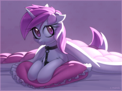 Size: 1340x1000 | Tagged: dead source, safe, artist:sartf, oc, oc only, oc:blossom, pony, unicorn, blanket, collar, comfy, female, leash, mare, pillow