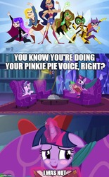 Size: 500x805 | Tagged: safe, screencap, spike, starlight glimmer, twilight sparkle, alicorn, human, pony, a hearth's warming tail, g4, blushing, book, caption, couch, dc comics, dc superhero girls, floppy ears, image macro, library, text, twilight sparkle (alicorn), twilight's castle, twilight's castle library