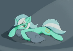 Size: 2947x2057 | Tagged: safe, artist:d.w.h.cn, lyra heartstrings, pony, unicorn, g4, female, high res, mare, one eye closed, pillow, prone, solo