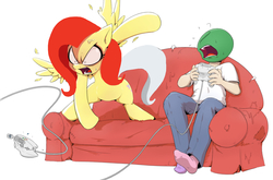 Size: 1275x839 | Tagged: safe, artist:shoutingisfun, edit, fluttershy, oc, oc:anon, human, pegasus, pony, elements of insanity, g4, anon's couch, clothes, controller, couch, cross-popping veins, feather, female, flutterrage, fluttershout, male, mare, mismatched socks, ooc is serious business, paint, rage, rage quit, sega dreamcast, simple background, socks, spread wings, throwing, vein, vein bulge, video game, white background, wings