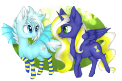 Size: 3000x2000 | Tagged: safe, artist:hazepages, oc, oc only, oc:radbat, oc:time vortex (kaifloof), alicorn, pony, alicorn oc, chibi, clothes, commissioner:kaifloof, high res, looking at each other, old design, simple background, socks, striped socks, transparent background