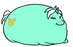 Size: 465x304 | Tagged: safe, artist:jargon scott, lyra heartstrings, pony, unicorn, g4, absolute unit, blob, colored sclera, disguised discord, fat, female, lidded eyes, looking at you, mare, morbidly obese, obese, ponyloaf, prone, simple background, smiling, smirk, smug, solo, wat, white background