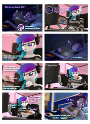 Size: 2700x3700 | Tagged: safe, artist:anthroponiessfm, oc, oc:atari, oc:aurora starling, oc:raven storm, anthro, 3d, anthro oc, bed, bedroom, comic, cute, eating, explicit source, food, giggling, glasses, headphones, heterochromia, high res, meat, pepperoni, pepperoni pizza, phone, pizza, sleeping, smiling, source filmmaker, surprised