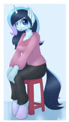 Size: 1242x2194 | Tagged: safe, artist:puetsua, oc, oc only, oc:stardust stellar, unicorn, anthro, unguligrade anthro, anthro oc, clothes, female, mare, sitting, smiling, stool