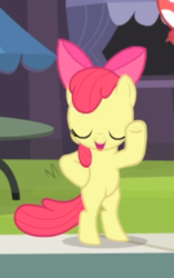 Size: 302x482 | Tagged: safe, screencap, apple bloom, earth pony, pony, g4, leap of faith, bipedal, cropped, eyes closed, female, filly, foal, hooves on hips, human pose, stretching