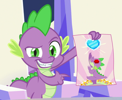 Size: 512x419 | Tagged: safe, screencap, spike, dragon, g4, season 6, the crystalling, claws, cropped, crystal heart, dreamworks face, fangs, hero, male, poster, smiling, smug, solo, sunburst background