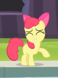 Size: 342x461 | Tagged: safe, screencap, apple bloom, earth pony, pony, g4, leap of faith, adorabloom, cropped, cute, eyes closed, female, filly, raised hoof, sassy, smiling, solo