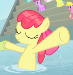 Size: 758x780 | Tagged: safe, screencap, apple bloom, berry punch, berryshine, cherry berry, granny smith, lemon hearts, twinkleshine, earth pony, pony, unicorn, g4, leap of faith, bow, cropped, eyes closed, female, filly, hair bow, holding hooves, offscreen character, smiling, solo focus, swimming, underhoof, wet, wet mane, wet mane apple bloom