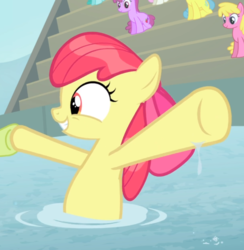 Size: 794x812 | Tagged: safe, screencap, apple bloom, berry punch, berryshine, cherry berry, granny smith, lemon hearts, spring melody, sprinkle medley, twinkleshine, earth pony, pony, unicorn, g4, leap of faith, adorabloom, bow, cropped, cute, female, filly, hair bow, holding hooves, hooves in air, offscreen character, smiling, solo focus, swimming, underhoof, wet, wet mane, wet mane apple bloom