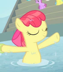 Size: 696x798 | Tagged: safe, screencap, apple bloom, berry punch, berryshine, cherry berry, granny smith, lemon hearts, twinkleshine, earth pony, pony, unicorn, g4, leap of faith, bow, cropped, eyes closed, female, filly, hair bow, holding hooves, offscreen character, smiling, solo focus, swimming, underhoof, wet, wet mane, wet mane apple bloom
