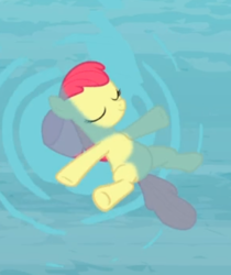 Size: 382x454 | Tagged: safe, screencap, apple bloom, earth pony, pony, g4, leap of faith, bow, cropped, eyes closed, female, filly, hair bow, smiling, solo, swimming, underhoof, water