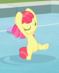 Size: 550x677 | Tagged: safe, screencap, apple bloom, earth pony, pony, g4, leap of faith, adorabloom, apple bloom's bow, bipedal, bow, cropped, cute, eyes closed, female, filly, hair bow, hoof on head, smiling, solo, standing, standing on one leg, swimming, water ballet, wet, wet mane, wet mane apple bloom