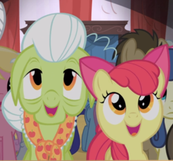 Size: 672x625 | Tagged: safe, screencap, apple bloom, granny smith, earth pony, pony, g4, leap of faith, adorabloom, bow, cropped, cute, elderly, female, filly, hair bow, looking up, open mouth, smiling
