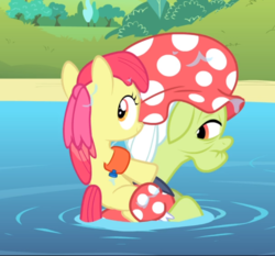 Size: 790x735 | Tagged: safe, screencap, apple bloom, granny smith, earth pony, pony, g4, leap of faith, adorabloom, bow, cropped, cute, duo, duo female, elderly, female, filly, floppy ears, hair bow, hat, looking back, piggyback ride, ponies riding ponies, riding, smiling, swimming, swimming cap, swimming hole, wet, wet mane, wet mane apple bloom