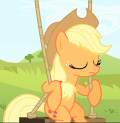 Size: 914x940 | Tagged: safe, screencap, applejack, earth pony, pony, g4, leap of faith, cropped, eyes closed, female, freckles, mare, sitting, solo, swing, swinging