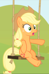 Size: 632x940 | Tagged: safe, screencap, applejack, earth pony, pony, g4, leap of faith, cropped, female, freckles, mare, open mouth, raised hoof, shocked, sitting, solo, swing, underhoof