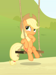 Size: 432x582 | Tagged: safe, screencap, applejack, earth pony, pony, g4, leap of faith, cropped, female, freckles, hoof on chin, mare, sitting, solo, swing, thinking